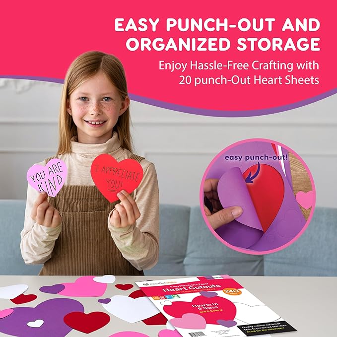 FreshCut Crafts 240 Pieces Heart Paper Cutouts, 2-Sided US Made Card Stock Punch Out Sweet Colored Hearts for Valentine’s Day Crafts, Bulletin Boards, Classroom Decor, and Posters 4 Sweet Colors