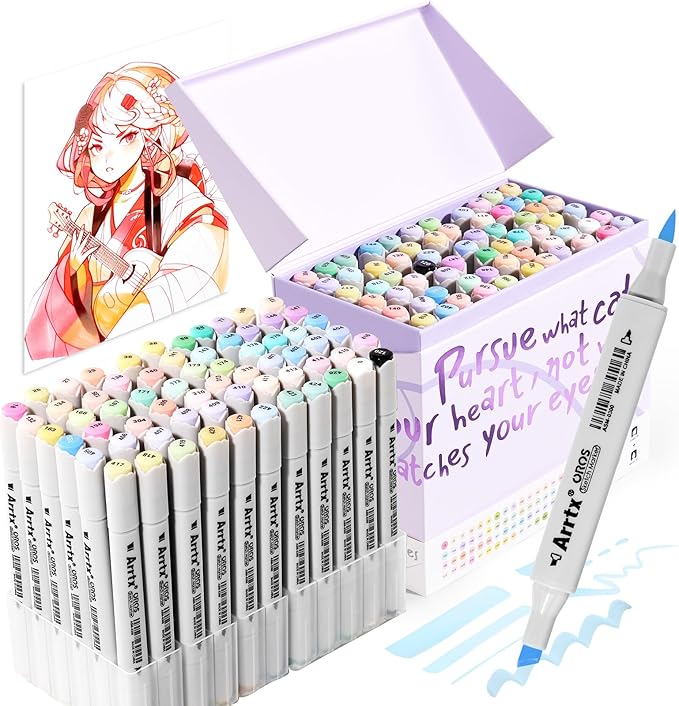 Arrtx Pastel Markers Oros 66 Colors, Oros Dual Tip(Brush & Chisel) Sketch Art Markers for Artist Adult,for Sketching, Coloring, Calligraphy,Drawing