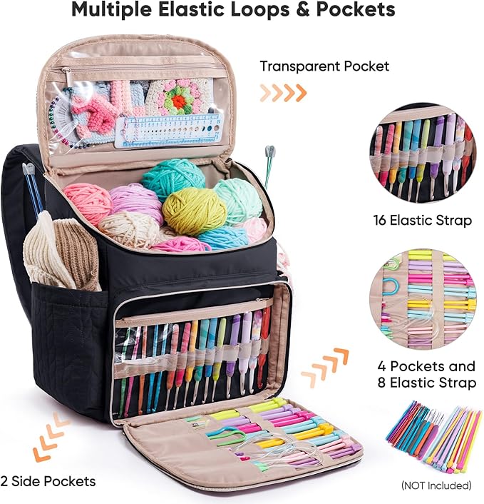 Knitting Bag Backpack, Large Crochet Backpack - Crochet Bag Organizer, Yarn Storage Organizer - Yarn Holder with 10 Pockets for Crochet Accessories, Knitting & Crochet Supplies, Crochet Gift