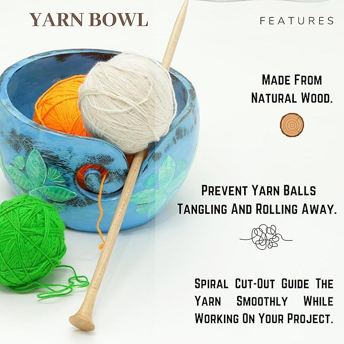 Nagina International Exquisite Premium Yarn Ball Storage Bowls | Hand Painted Lovely Decor Yet Functional Yarn Dispenser (Large (7 x 4 x 7 Inches), Lemon Blue)