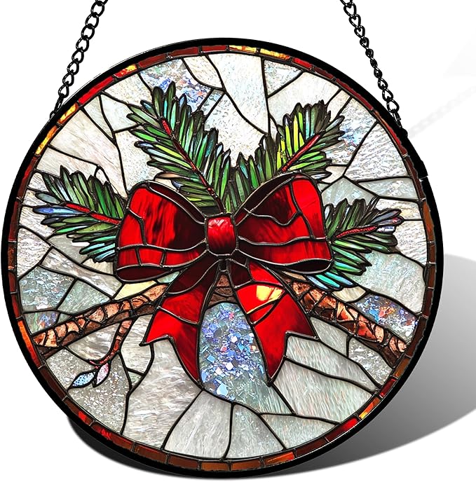 Stained Glass Window Hanging - Pine Branches Red Bow Suncatcher for Doors Home Christmas Decoration Silver Sun Catcher Thanksgiving New Year Birthday Gifts for Women Men Mom Nana 6.3 in