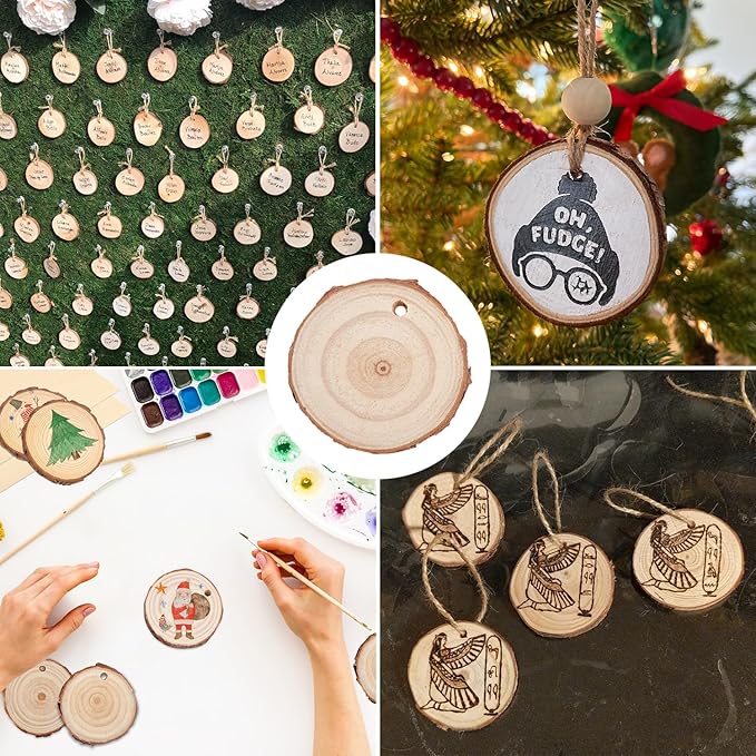 100 PCS 2 Inch - 2.4 Inch Small Wood Slices, Mini Wood Slices with Hole for DIY Arts Craft Christmas Ornaments