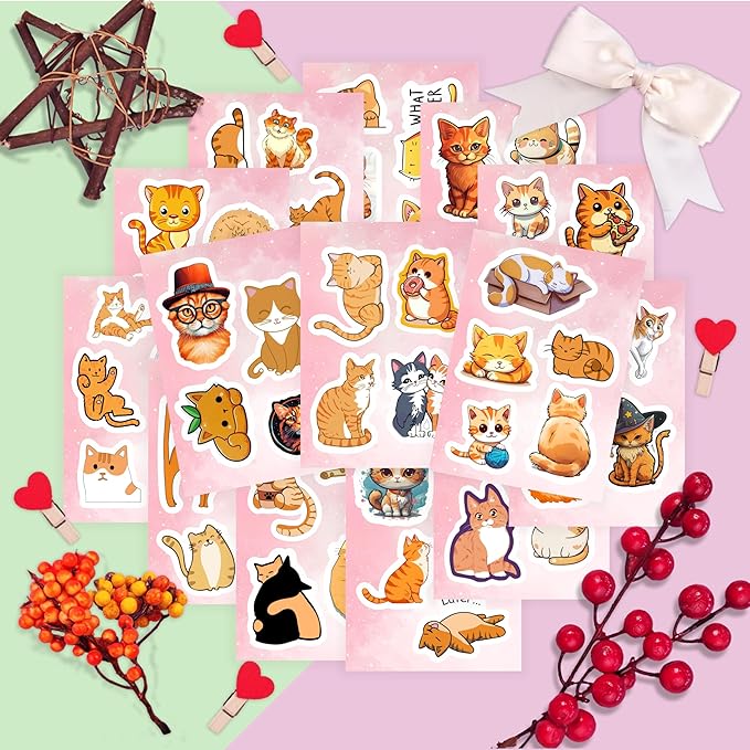BulbaCraft Orange Cat Stickers for Water Bottle and Laptop - Orange Cat Party Supplies & Decorations, Waterproof Vinyl Decals, Cute Animal and Pet Stickers, Gifts for Women & Men