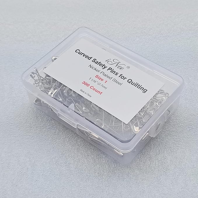 iNee Curved Safety Pins for Quilting, Nickel-Plated Steel, Size 1, 300 Count