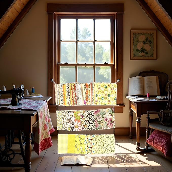 50Pcs 4" x 4" Cotton Craft Fabric Vintage Cotton Fabric Bundle Printed Floral Patchwork Plain Cloth Floral Precut Fabrics for DIY Art Sewing Quilting Scrapbooking (Yellow)