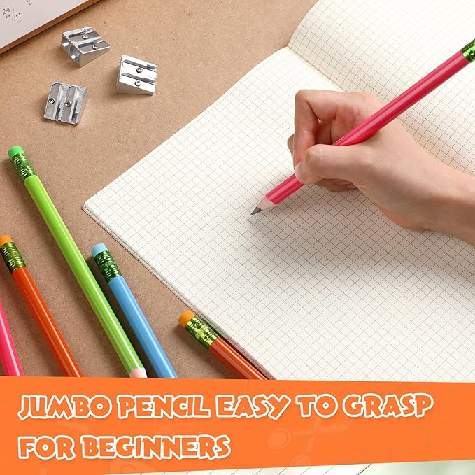 Fainne 102 Pcs Bulk Thick Jumbo Graphite Pencils Set 96 Fat Giant Large Pencils and 6 Sharpeners Enhanced Grip for Art Drafting Writing Drawing Office and Home Use(Colored,Round)