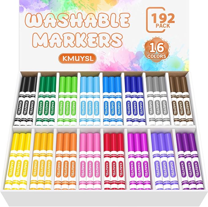 KMUYSL Washable Markers Bulk, 12 Assorted Colors - Broad Line Conical Tip Coloring Markers, School Art Supplies, Back to School Essentials & Teacher Classroom Must Haves (192 Pcs)