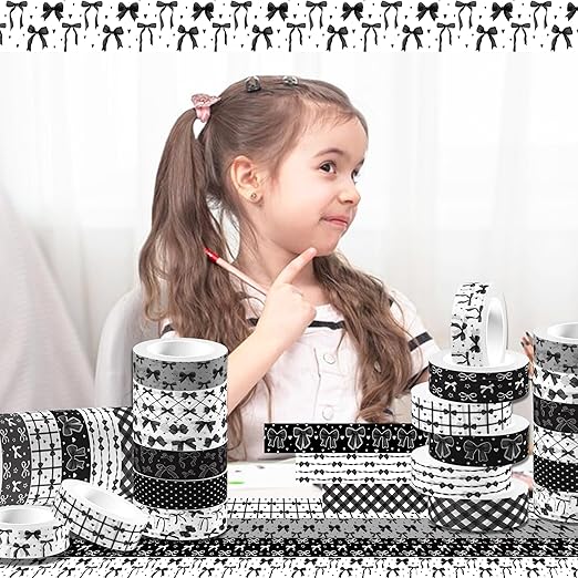 12 Rolls of Black Bow Washi Tape, Black and White Decorative Tape, Masking Tape for Note Taking Supplies, Scrapbooking, DIY Crafts, Gift Wrap Supplies