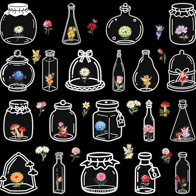 50Pcs Flowers in a Clear Bottle Stickers for Kindle, Laptop, Refrigerators, Scrapbooking, Journal, Photo Album, Suitcase, Waterproof PET Transparent Aesthetic Decals