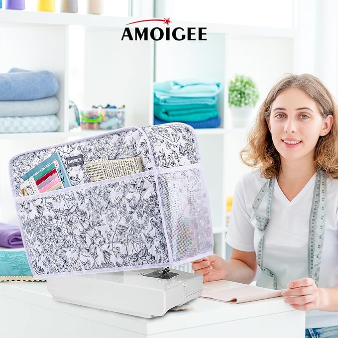 AMOIGEE Sewing Machine Cover for Brother, Singer, Janome – Quilted Dust Cover with Storage Pockets, Padded Protective Sewing Machine Case Fits Most Standard Sewing Machines (17" x 7" x 12")