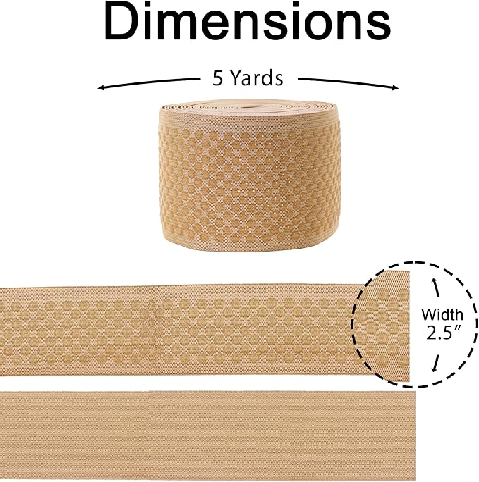 Mandala Crafts 2.5 Inch Elastic Silicone Gripper Tape for Clothing - 5 Yds Dotted Non Slip Elastic Band for Sewing - Tan Silicone Flat Fabric Stretchy Ribbon Straps