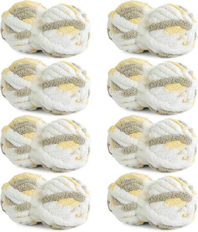 HOMBYS 8 Pack Giant Chunky Yarn for Crocheting,Super Bulky Large Soft Fluffy Yarn,Tie Dye Plush Fuzzy Yarn,Mixed Color Thick Chenille Yarn for Hand Knitting/Arm Knitting (White,Yellow,Brown)