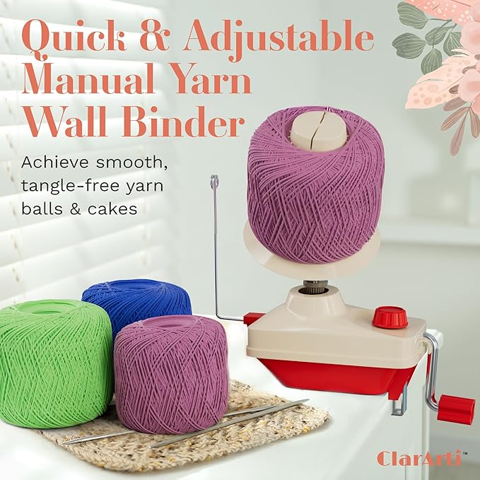 ClarArti Yarn Ball Winder for Crocheting, Knitting, & Other Yarn Crafts | Quick, Quiet, Creates Yarn Balls & Yarn Cakes | Medium Capacity, Can Handle Average Size Yarn Skeins (Red/White)