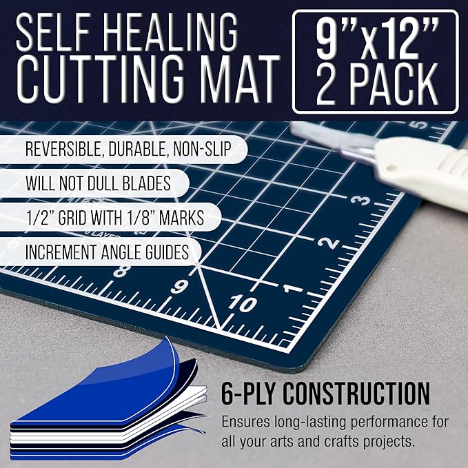 U.S. Art Supply 9" x 12" Self-Healing Cutting Mat 5-Ply (2 Pack) - Double-Sided White/Blue Craft Mat, Non-Slip Cutting Mats for Crafts, Sewing, Quilting, Scrapbooking