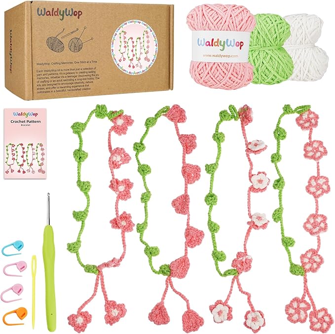 WaldyWop Crochet Kit for Beginners: 4 Flower Bracelets Knitting Kits for Adults Women w/Easy Yarn & Step-by-Step Video Tutorials - Wobbles Crochet Starter Kit for Teens, Birthday Gift for Mom