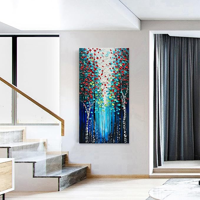 Forest Landscape Hand Painted Art Oil Painting Dark Blue Large Vertical Canvas Wall Art 46×23 Inch Oil Painting Home Wall Decoration Art