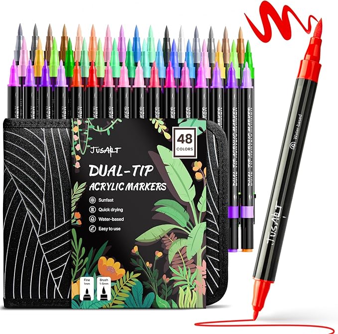 JusArt 48 Colors Acrylic Paint Markers Set with Canvas Bag, Dual Tips with Brush Tip & Fine Tip, No-Bleed, Waterproof, Non-Toxic & Odorless Paint Pens for Rock, Egg, Wood, Canvas, Glass, Ceramic, DIY