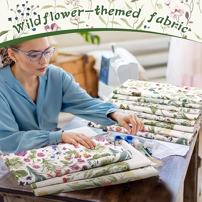 Hahafelt 10 Pcs Spring Wildflower Floral Fat Quilting Fabric Bundle 20 x 20 Inch Fabric Square Pastel Flower Quarters by The Yard Patchwork Precuts Supplies for Spring Summer DIY Sewing Craft