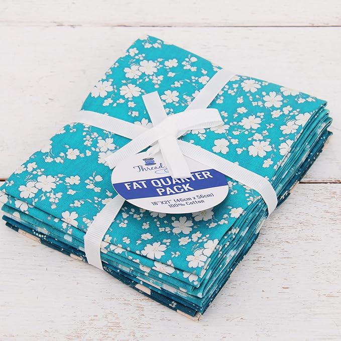 Threadart Exclusive 5 Fat Quarter Bundles - Teal Vintage Prints 100% Cotton Fabric - Premium 100% Cotton Quilting Fabric - No Duplicates - Full Size Fat Quarters 18"x21" - Teal
