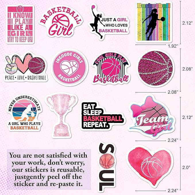 BEATRI Basketball Girl Stickers 50Pcs Women Basketball Waterproof Vinyl Decor & Party Favors for Laptop, Water Bottle, Skateboard & Travel Gear | Non-Repeating Decals, High-Definition Print
