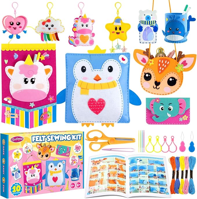 Funtopia Felt Sewing Crafts for Kids Ages 4-12, 10 Easy DIY Projects Kids Sewing Kit with Tutorial, Learn to Sew Plush Pillow Hanging Organizer Handbag, Beginner Sew Toys and Birthday Gift for Girls