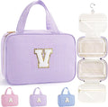 TOPEAST Travel Toiletry Bag for Women - Hanging Toiletry Bag Makeup Bag, Portable Toiletries Cosmetic Bag, Airplane Travel Essentials - Letter V, Purple