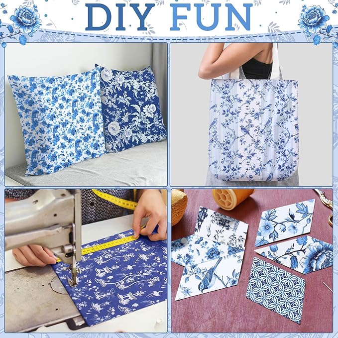 Oudain 60 Pcs 10 x 10 Inch Blue and White Quilting Fabric Squares Chinoiserie Fat Patchwork Chinoiserie Precut Strips Vintage Porcelain Fabric Bundles for Christmas DIY Xmas Craft Sewing Material
