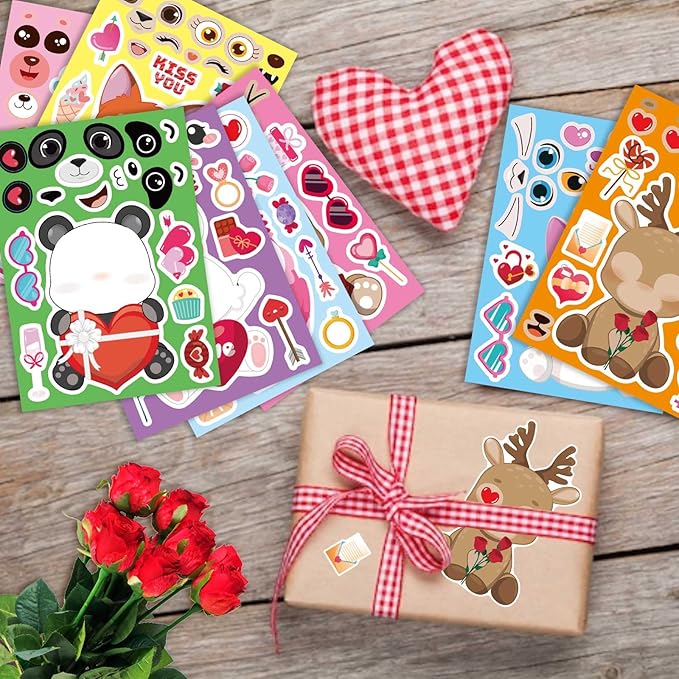 32 Sheets Valentine Stickers for Kids, Valentine' s Day Make a Face Stickers, Make Your Own Valentine Sticker for Boys Girls, Valentines Gifts Classroom Teacher Reward Valentine' s Day Party Supplies
