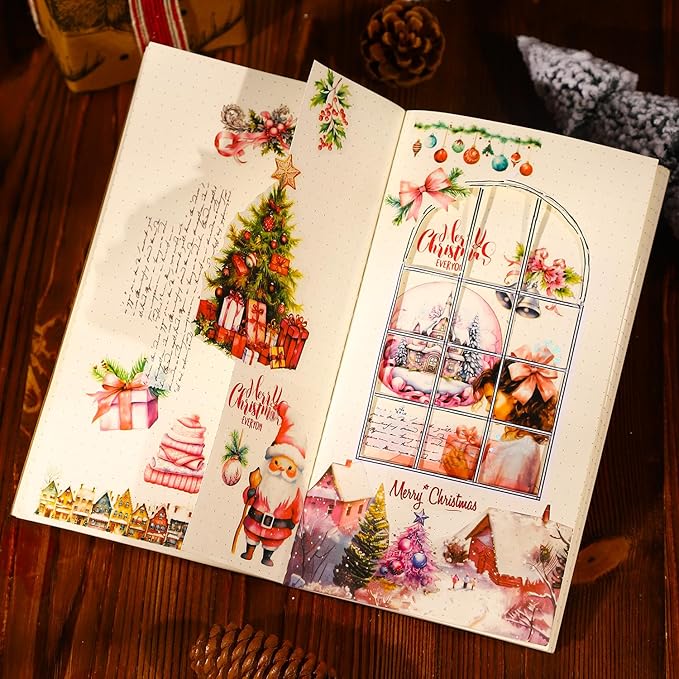 4-Pack Christmas PET & Washi Sticker Book Set – 80 Sheets of Festive Pre-Cut Stickers for Scrapbooking, Journaling, DIY Crafts, and Holiday Gift Wrapping