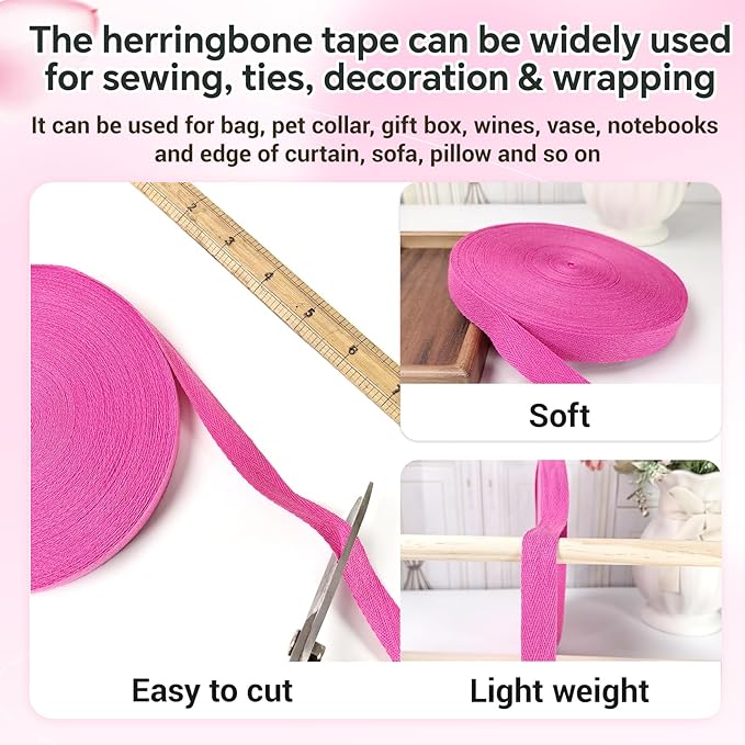 40 Yards Herringbone Twill Tape for Sewing,Pet Collar,Gift Wrapping Home Deco -3/4 inch Rose Cotton Webbing Straps-Natural Bias Binding Tape for Handles, Crafting & DIY Projects