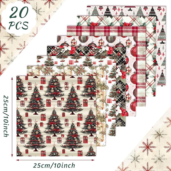 60 Pcs 10 x 10 Inch Vintage Poinsettia Christmas Quilting Fabric Christmas Fat Squares Patchwork Precut Red Buffalo Plaid Fabric Bundles for Xmas Winter Quilting Crafting DIY Craft Sewing