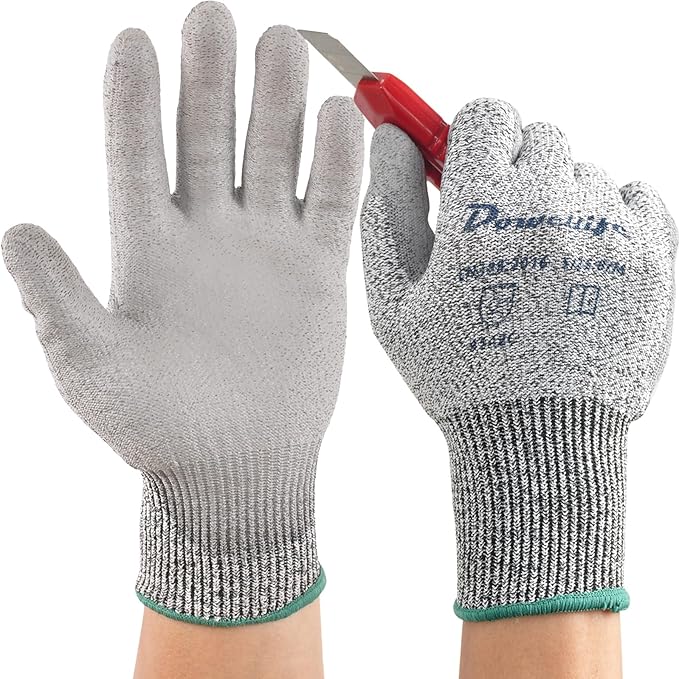 Dowellife Level 5 Cut Resistant Work Gloves for Men and Women, PU Coated Breathable Gardening Gloves, Thin Flexible and Firm Grip for Mechanics and Fishing (Small, Grey)