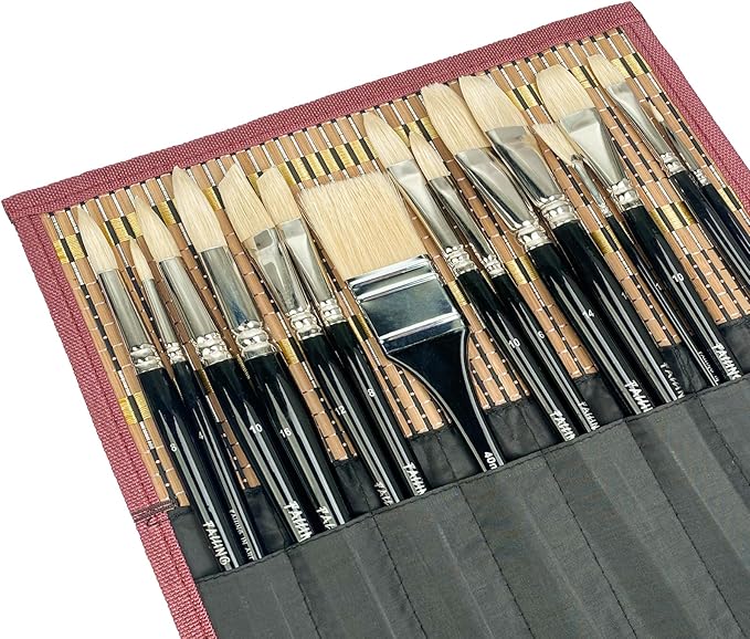 Falling in Art Natural Bristle Professional Paintbrush Set, 15PCS Long Handled Paint Brushes for Acrylic Painting, Oil Paint Brushes with Bamboo Storage Pouch