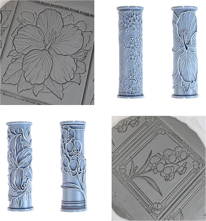 Exotic Flower Collection Clay Texture Rollers 4-Pack (4") - Flower Set #01 - Embossing Pattern Rollers for Polymer & Ceramic Clay, Pottery & Crafts