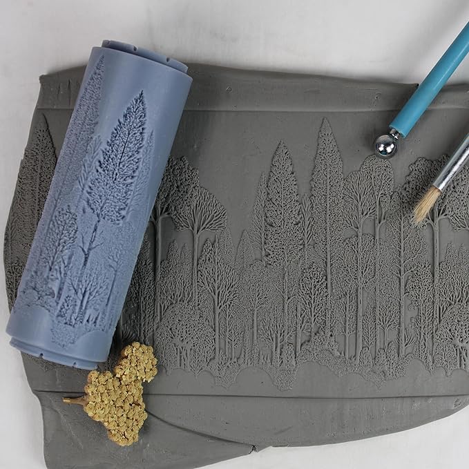 Woodland Silhouette Grove Clay Texture Roller (4") - Seamless Meadow Set #01 - Embossing Pattern Roller for Polymer & Ceramic Clay, Pottery & Crafts