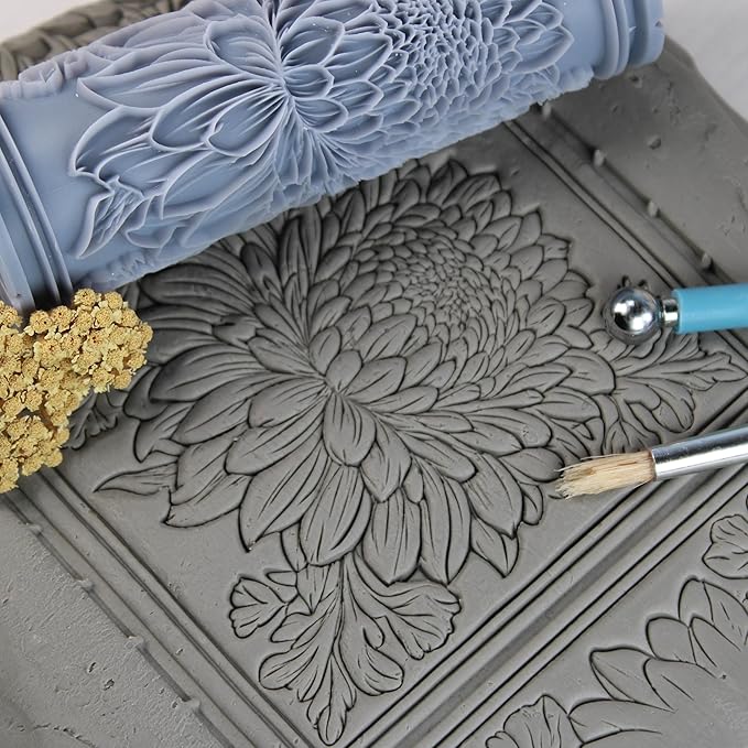 Chrysanthemum Clay Texture Roller (4") - Flower Set #01 - Embossing Pattern Roller for Polymer & Ceramic Clay, Pottery & Crafts
