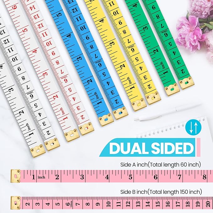 96 Pieces Soft Tape Measure Double Scale Measuring Tape Flexible Fabric Sewing Ruler for Body Weight Loss Measurement Tailor Craft Supplies, 60 Inch, Green, Pink, Blue, Yellow, White Black, White Red