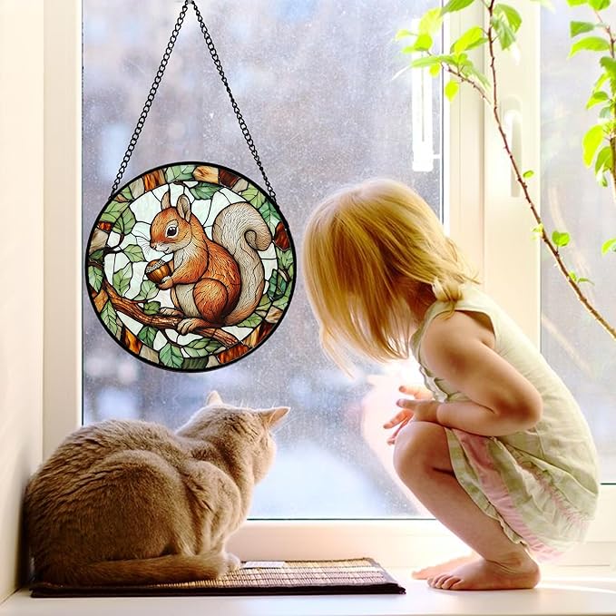 Stained Glass Window Hanging, Squirrel on a Branch Suncatcher Diamond Glass Panel Animal Sun Catchers Decor for Birthday for Women, Men, Wife, Aunt, and Mom 7.8 in
