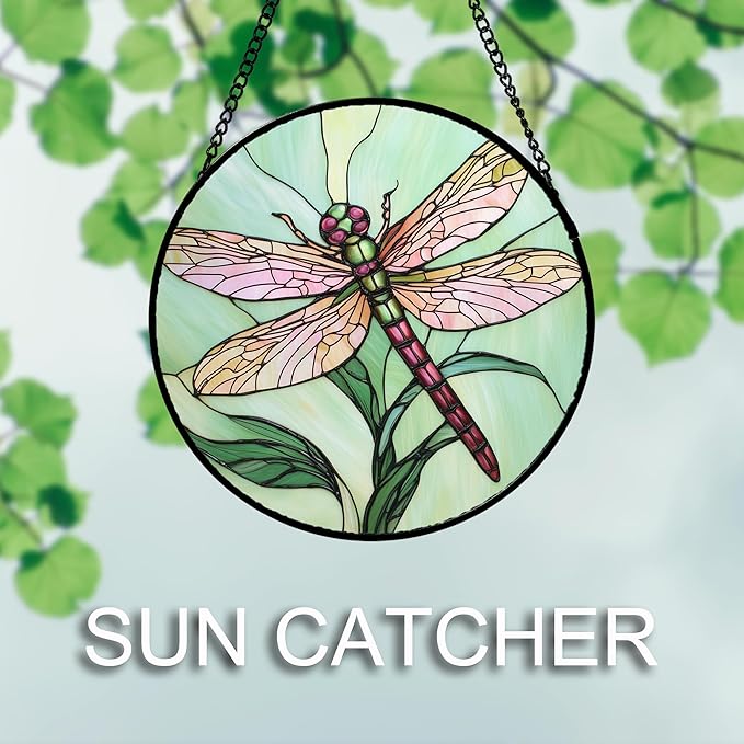 Stained Glass Window Hanging 4 Pcs Set Pink Green Insect Theme Large 11.8" - Butterfly Suncatcher Door Garden Sun Catcher Decor Birthday Christmas for Mom Woman Nana Men