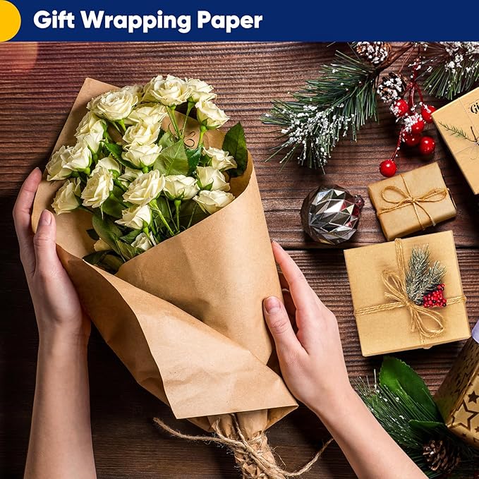 Vanhench 17.5" x 3600" (300') Brown Kraft Paper Roll, Color Art Kraft Craft Paper for Thanksgiving Bouquet Flower Wrapping Crafts Packing, Poster Bulletin Board Paper Floor Covering Table Runner
