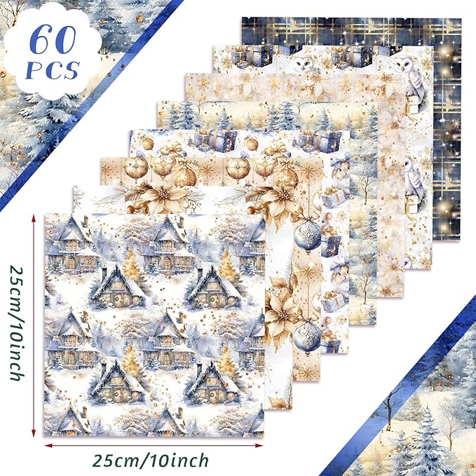 Oudain 60 Pcs 10 x 10 Inch Blue Gold Quilting Fabric Squares Vintage Christmas Fat Patchwork Precut Strips Poinsettias Fabric Bundles for Xmas DIY Craft Sewing Handmade Materials