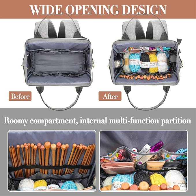 Knitting Bag Backpack, Crochet Bag Tote with USB Charging Port, Yarn Storage Organizer, Christmas Gifts Crochet Lovers Gift, Yarn Storage Tote Bag for Knitting & Crochet Accessories, Grey