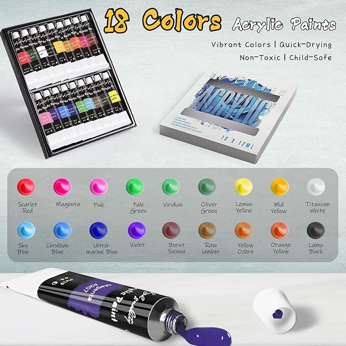 Paint Set, Acrylic Paint Set for Kids & Adults - Painting Supplies with18 Acrylic Paints, 8 Painting Brushes, 5 Canvas Panels, etc