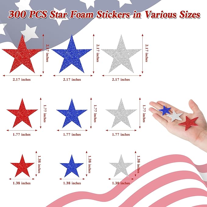 300 PCS 4th of July Star Stickers, Red Silver and Blue Glitter Stickers, Patriotic Self Adhesive Foam Stickers for Fourth of July Parade Party Accessories Decor Memorial Day Arts Craft Supplies