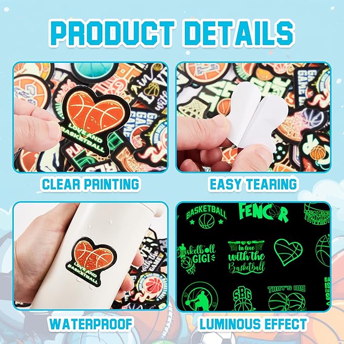 70 PCS Neon Basketball Water Bottle Stickers for Kids, Glow in The Dark Vinyl Decals for Laptop Skateboard Phone Case, Teens Adults Boys Girls Colorful Sports Decor
