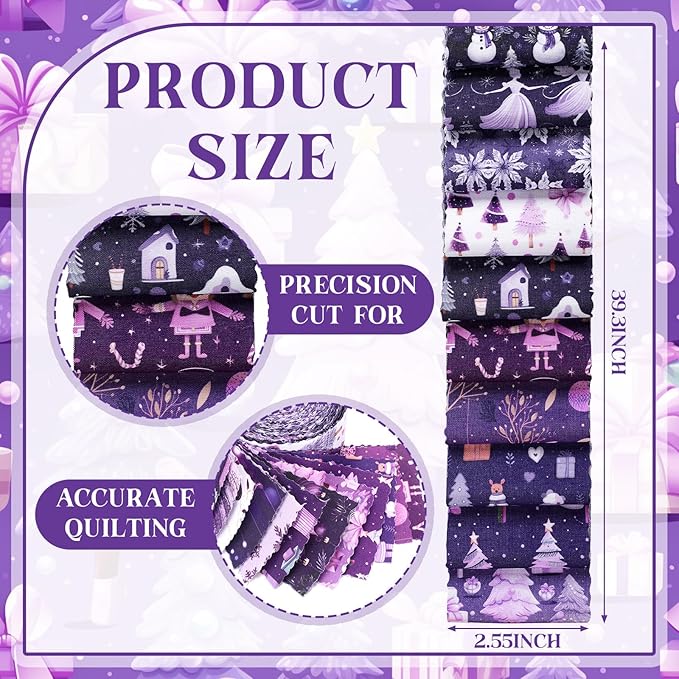 Fanfanwin 40 Pcs Purple Christmas Quilting Fabric Roll 2.56 Inch Precut Fabric Squares Jelly Patchwork Nutcracker Snowman Fairy Strips Materials for Winter Holiday Holiday Craft Sewing DIY