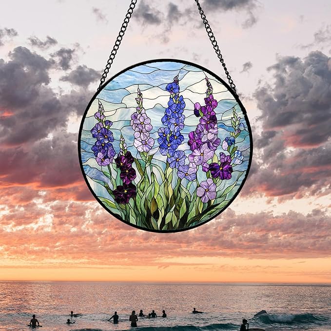 Stained Glass Window Hanging - Blue Purple Delphinium Suncatcher for Door Garden Home Decor Birth Flower Sun Catcher Birthday for Friend Lovers Women Mom Nana 7.8 in