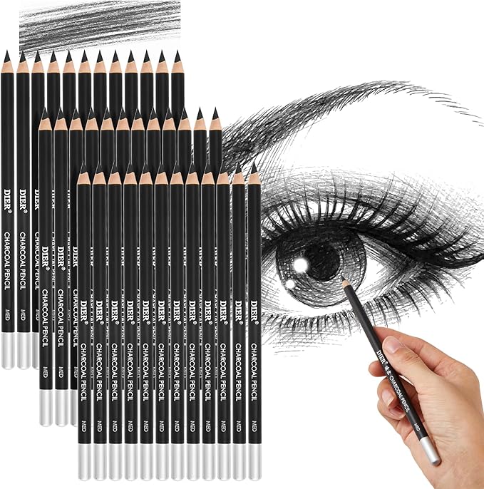 Geyoga 36 Pcs Professional Charcoal Pencils Soft, Medium and Hard for Drawing Charcoal Pencils for Sketching Shading Drawing Blending Portrait(Black, Medium)