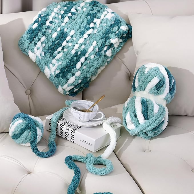 Hombys 8 Pack Giant Chunky Yarn for Crocheting & Knitting, Super Bulky Soft Fluffy Tie Dye Plush Fuzzy Mixed Color Thick Chenille Yarn (Blue Multi, White)