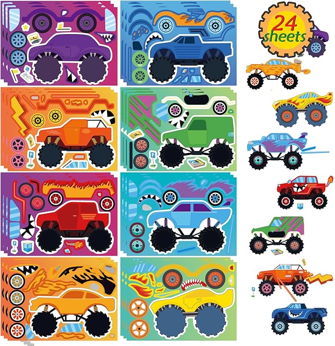 24 Sheets Monster Truck Sticker, Monster Truck Party Favor, Make Your Own Stickers Cartoon Car Make-a-face Stickers Classroom Activities Birthday Gift for Girls Boys
